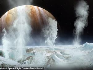 NASA has confirmed the presence of water vapor on one of Jupiter's 79 moons. The American Space agency detected plume-like forms of water vapor above Europa's (artist impression) icy surface. (NASA's Goddard Space Flight Center)