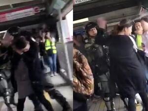 Social media footage shows one Hong Kong riot policeman pepper-spraying a woman  in the face in front of a screaming crowd. The victim is seen with an obvious baby bump in the clip. (Twitter)