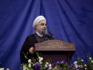 Iranian President Hassan Rouhani and first deputy Ishaq Jahangiri election rally in Tehran's Azadi Stadium. (Shutterstock/ File Photo)