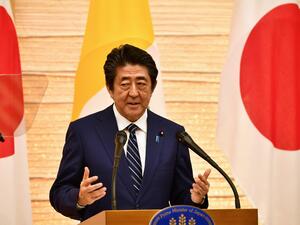Japan's Prime Minister Shinzo Abe speaks during a meeting with the diplomatic community with Pope Francis (not pictured) at the prime minister's official residence in Tokyo on November 25, 2019. (AFP/ File Photo)