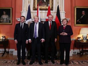 A handout picture provided by the Turkish Presidential Press Service on December 3, 2019 shows (From L) French President Emmanuel Macron, British Prime Minister Boris Johnson, Turkish President Recep Tayyip Erdogan, German Chancellor Angela Merkel during the Quartet Syria Summit in London. NATO leaders gather Tuesday for a summit to mark the alliance's 70th anniversary but with leaders feuding and name-calling over money and strategy, the mood is far from festive. Murat CETINMUHURDAR / TURKISH PRESIDENTIAL 