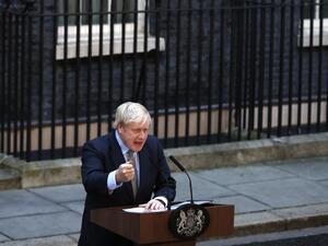 Britain's Prime Minister Boris Johnson delivers a speech outside 10 Downing Street in central London on December 13, 2019, following his Conservative party's general election victory. AFP