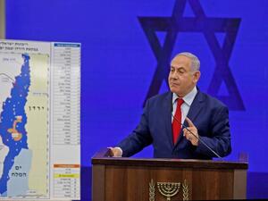 Israeli Prime Minister Benjamin Netanyahu gives a statement in Ramat Gan, near the Israeli coastal city of Tel Aviv, on September 10, 2019. Netanyahu pledged to apply Israeli sovereignty over West Bank’s Jordan Valley if re-elected. (AFP)