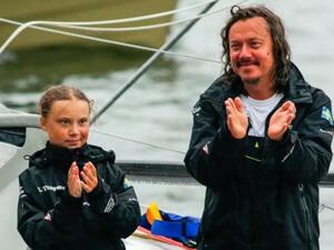 Svante Thunberg, father of climate activist Greta Thunberg, pictured together on a zero-carbon yacht in New York in August has given a rare interview about his daughter where he denied being the driving force behind her campaign and said her activism had helped her beat depression (AFP)