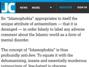 The Jewish Chronicle published an article that described Islamophobia a "bogus label" that excuses antisemetic behaviour (Twitter)