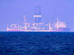 This photo from June 24, 2019, in the Mediterranean Sea off Cyprus shows the drilling vessel Fatih, which was deployed by Turkey to search for gas and oil in waters considered part of the EU state's exclusive economic zone. (AFP)