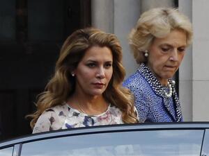 Princess Haya leaves the Royal Courts of Justice, accompanied by lawyer Fiona Shackleton, in London. (AFP)
