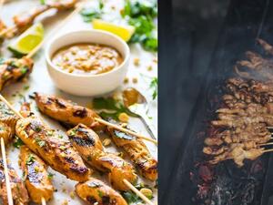 أسياخ الدجاج مع صلصة الفول السوداني