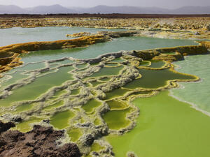 Dallol geothermal area, terraces, potassium salt deposits formed by brine hot springs, Danakil Depression, Ethiopia (Shutterstock)	