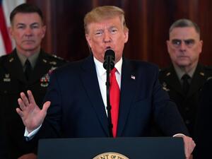 US President Donald Trump speaks about the situation with Iran in the Grand Foyer of the White House in Washington, DC, January 8, 2020. SAUL LOEB / AFP