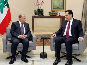 Lebanon's President Michel Aoun (L) meets with prime minister designate Hassan Diab at the presidential palace in Baabda, east of the capital Beirut, on January 21, 2020. AFP