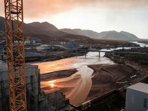 A general view of the Blue Nile as it passes through the Grand Ethiopian Renaissance Dam, which has been a flash point for tensions between Egypt and Ethiopia, on Dec. 26, 2019. EDUARDO SOTERAS/AFP/GETTY IMAGES