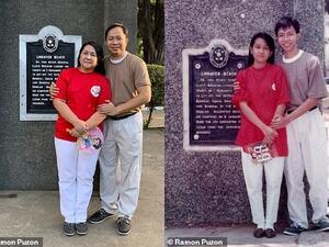 Raymon 'Ray' Michael Puzon, 21, shared two photographs on Twitter taken nearly three decades apart of his parents standing at a memorial at Lingayen Beach in the Philippines. (Ramon Puzon)