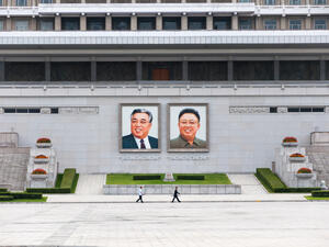 City Square with The Grand People's Study House with portraits of korean leaders Kim Il Sung and Kim Jong Il (Shutterstock)	