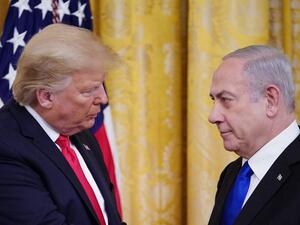 US President Donald Trump and Israel's Prime Minister Benjamin Netanyahu take part in an announcement of Trump's Middle East peace plan in the East Room of the White House in Washington, DC on January 28, 2020. Trump declared that Israel was taking a "big step towards peace" as he unveiled a plan aimed at solving the Israeli-Palestinian conflict. "Today, Israel takes a big step towards peace," Trump said, standing alongside Netanyahu as he revealed details of the plan already emphatically rejected by the Pa