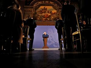 Britain's Prime Minister Boris Johnson reacts as he delivers a speech at the Old Royal Naval College in Greenwich, south east London on February 3, 2020. Britain on Monday said it wanted a "thriving trade and economic relationship" with the European Union, as it set out its position for future trade talks after it left the bloc. But Prime Minister Boris Johnson pledged: "We will not engage in some cut-throat race to the bottom. We are not leaving the EU to undermine European standards. We will not engage in