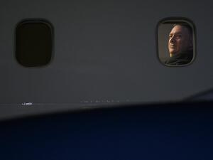 US Secretary of State Mike Pompeo looks on from his plane after landing at the airport in Addis Ababa on February 17, 2020. ANDREW CABALLERO-REYNOLDS / AFP