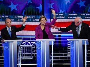 Democratic presidential hopefuls Former New York Mayor Mike Bloomberg (L), Massachusetts Senator Elizabeth Warren (C) and Vermont Senator Bernie Sanders (R) participate in the ninth Democratic primary debate of the 2020 presidential campaign season co-hosted by NBC News, MSNBC, Noticias Telemundo and The Nevada Independent at the Paris Theater in Las Vegas, Nevada, on February 19, 2020. Mark RALSTON / AFP