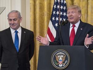 US President Donald Trump and Prime Minister Benjamin Netanyahu at a press conference in the East Room of the White House on January 28, 2020, in Washington. (Sarah Silbiger/Getty Images/AFP)