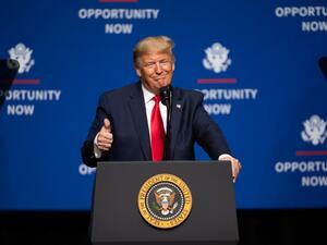 U.S. President Donald Trump addresses the crowd during the Opportunity Now summit at Central Piedmont Community College on February 7, 2020 in Charlotte, North Carolina. Sean Rayford / GETTY IMAGES NORTH AMERICA / AFP