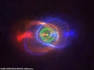 In observations from from Alma (pictured) gases expelled from the stars collision can be seen floating around the nebula in a complex and strange array. (ALMA)