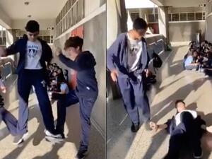 The trend, popularized on the video-sharing app TikTok, involves three participants standing side by side with the outside two filmed kicking the third’s feet out from under them while they all jump in the air. (Photo/Social media)