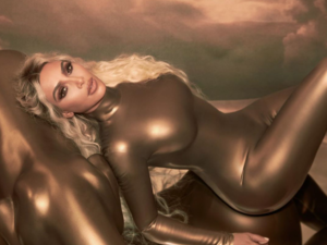 Kim was pictured seated in the photo set