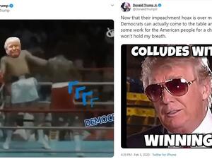 Eric Trump posted a Rumble in the Jungle video showing his father ducking and weaving punches from Democrats soon after the President was acquitted of impeachment. (Twitter/ @Eric Trump)
