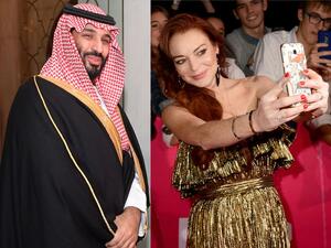 Lindsay Lohan (R) has broken up with her boyfriend, who was rumoured to be Mohammad bin Salman , the crown prince of Saudi Arabia (L). AFP/GETTY IMAGES