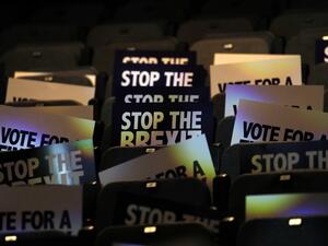 Placards are stacked at the 'Stop The Brexit Landslide', organised by the Vote for a Final Say campaign and For our Future's Sake, at London's Mermaid Theatre in London on December 6, 2019. Britain will go to the polls on December 12, 2019 to vote in a pre-Christmas general election. Tolga AKMEN / AFP