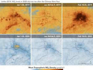 `NASA and the European Space Agency have used pollution monitoring satellites to track the decrease in nitrogen dioxide levels over the past two months. (NASA Earth Observatory)