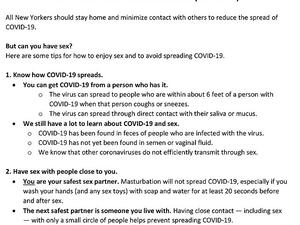 NYC Health published a two-page memo Saturday featuring its recommendations about how people can still satisfy their sexual urges during the coronavirus pandemic  (Dailymail)
