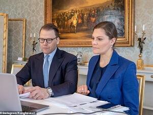 SWEDEN: Crown Princess Victoria of Sweden and her husband Prince Daniel yesterday shared this photo of them speaking to a number of agencies in order to better understand the national coronavirus situation. The photo was taken at Haga Palace, in Stockholm, where they live. (Instagram)