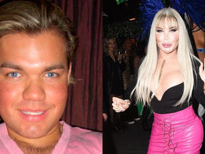 She completed the look by flashing yet more skin in a hot pink PVC lace-up mini skirt