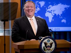 US Secretary of State Mike Pompeo speaks at a news conference on March 31, 2020, in Washington, DC. The US on Tuesday called on Venezuela's Juan Guaido to renounce his claim to the presidency at least temporarily as it recalibrated its strategy to oust leader Nicolas Maduro. Andrew Harnik / POOL / AFP