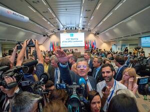 In this file photo taken on July 01, 2019 Journalists attend the 176th meeting of the Organization of the Petroleum Exporting Countries (OPEC) conference and the 6th meeting of the OPEC and non-OPEC countries on July 1, 2019 in Vienna, Austria. AFP/File