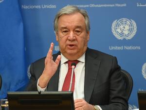 In this file photo United Nations Secretary General Antonio Guterres speaks during a press briefing at United Nations Headquarters on February 4, 2020 in New York City. (Angela Weiss / AFP)