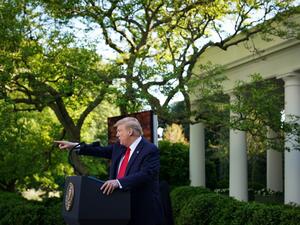US President Donald Trump speaks during a news conference on the novel coronavirus, COVID-19, in the Rose Garden of the White House in Washington, DC on April 27, 2020. MANDEL NGAN / AFP