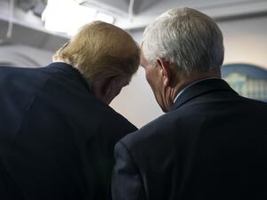 Vice President Mike Pence and U.S. President Donald Trump participate in a press briefing with members of the White House Coronavirus Task Force on April 4, 2020 in Washington, DC.  AFP