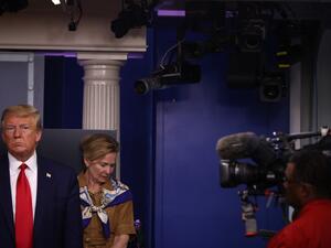 White House coronavirus response coordinator Deborah Birx, and U.S. President Donald Trump participate in a briefing following a meeting of his coronavirus task force in the Brady Press Briefing Room at the White House on April 6, 2020 in Washington, DC. Infected with COVID-19, British Prime Minister Boris Johnson was admitted intensive care at a hospital in London Monday as the U.S. death toll surpassed 10,000. Chip Somodevilla/Getty Images/AFP CHIP SOMODEVILLA / GETTY IMAGES NORTH AMERICA / Getty Images v
