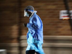 Medical workers work a night shift outside of a special coronavirus intake area at Maimonides Medical Center on April 15, 2020 in the Borough Park neighborhood of the Brooklyn borough of New York City. Hospitals in New York City, which have been especially hard hit by the coronavirus, are still struggling with an influx of COVID-19 cases. Spencer Platt/Getty Images SPENCER PLATT / GETTY IMAGES NORTH AMERICA / Getty Images via AFP
