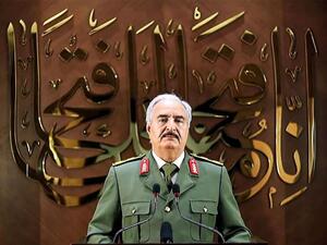 Field-Marshal Khalifa Haftar gives a televised speech, April 27. (AFP)
