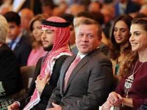 Jordan's Princess Muna, Crown Prince Hussein, King Abdullah II and Queen Rania attend a ceremony held in Amman on May 25, 2016, to mark the desert kingdom's 70th Independence Day. (AFP/Khalil Mazraawi)