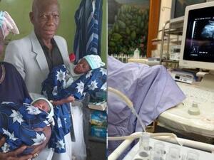 "نوح أدينوغا" وزوجته "مارغريت" مع التوأم