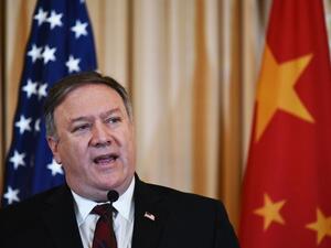 In this file photo taken on November 9, 2018 US Secretary of State Mike Pompeo speaks during a press conference with Chinese politburo member Yang Jiechi and Defense Minister Wei Fenghe during the US-China Diplomatic and Security Dialogue in the Benjamin Franklin Room of the State Department in Washington, DC. (AFP)