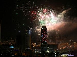 Fireworks light up the sky above the Abdali Boulevard in the centre of Jordan's capital Amman on May 25, 2020, as the country marks its 74th Independence Day. Khalil MAZRAAWI / AFP