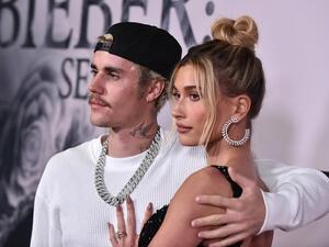 Justin and Hailey Bieber at the premiere of "Seasons" in Los Angeles. AFP
