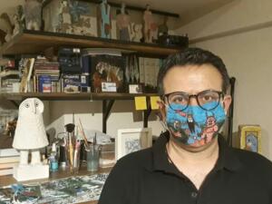 Face mask paintings depict Shahnameh character fighting corona monster (Twitter)