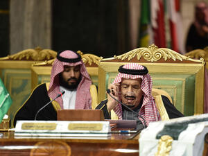 This file photo shows Saudi King Salman flanked by his son Crown Prince Mohammed bin Salman during a session of the 40th Gulf Cooperation Council summit in Riyadh, Saudi Arabia on December 10, 2019. FAYEZ NURELDINE/AFP VIA GETTY IMAGES/GETTY