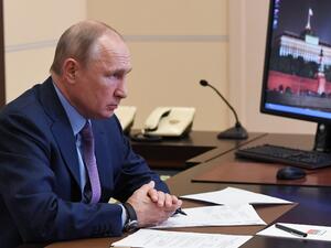 Russian President Vladimir Putin chairs a meeting on dealing with consequences of a fuel spill in the Krasnoyarsk Region, via teleconference call at Novo-Ogaryovo state residence, outside Moscow, on June 3, 2020. (AFP)